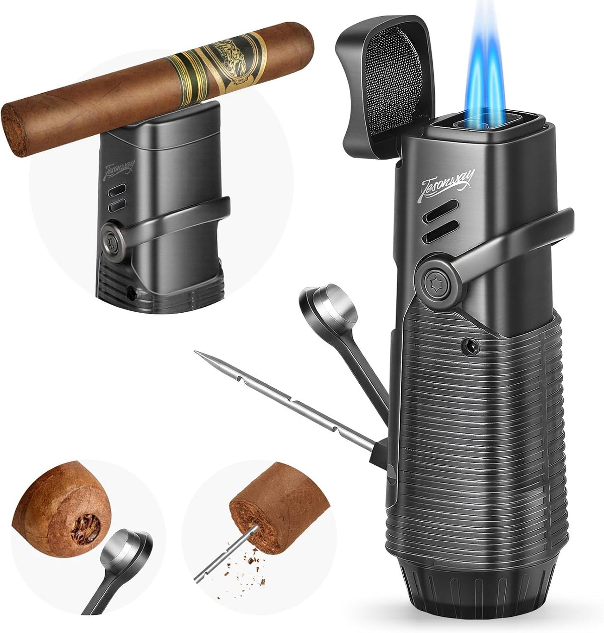 Tesonway Cigar Lighter, Windproof Refillable Butane Torch Lighter, Multifunction Cigar Accessories Butane Lighter with Cigar Holder, Cigar Draw Enhancer and Cigar Punch, Butane Not Included