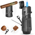 Tesonway Cigar Lighter, Windproof Refillable Butane Torch Lighter, Multifunction Cigar Accessories Butane Lighter with Cigar Holder, Cigar Draw Enhancer and Cigar Punch, Butane Not Included