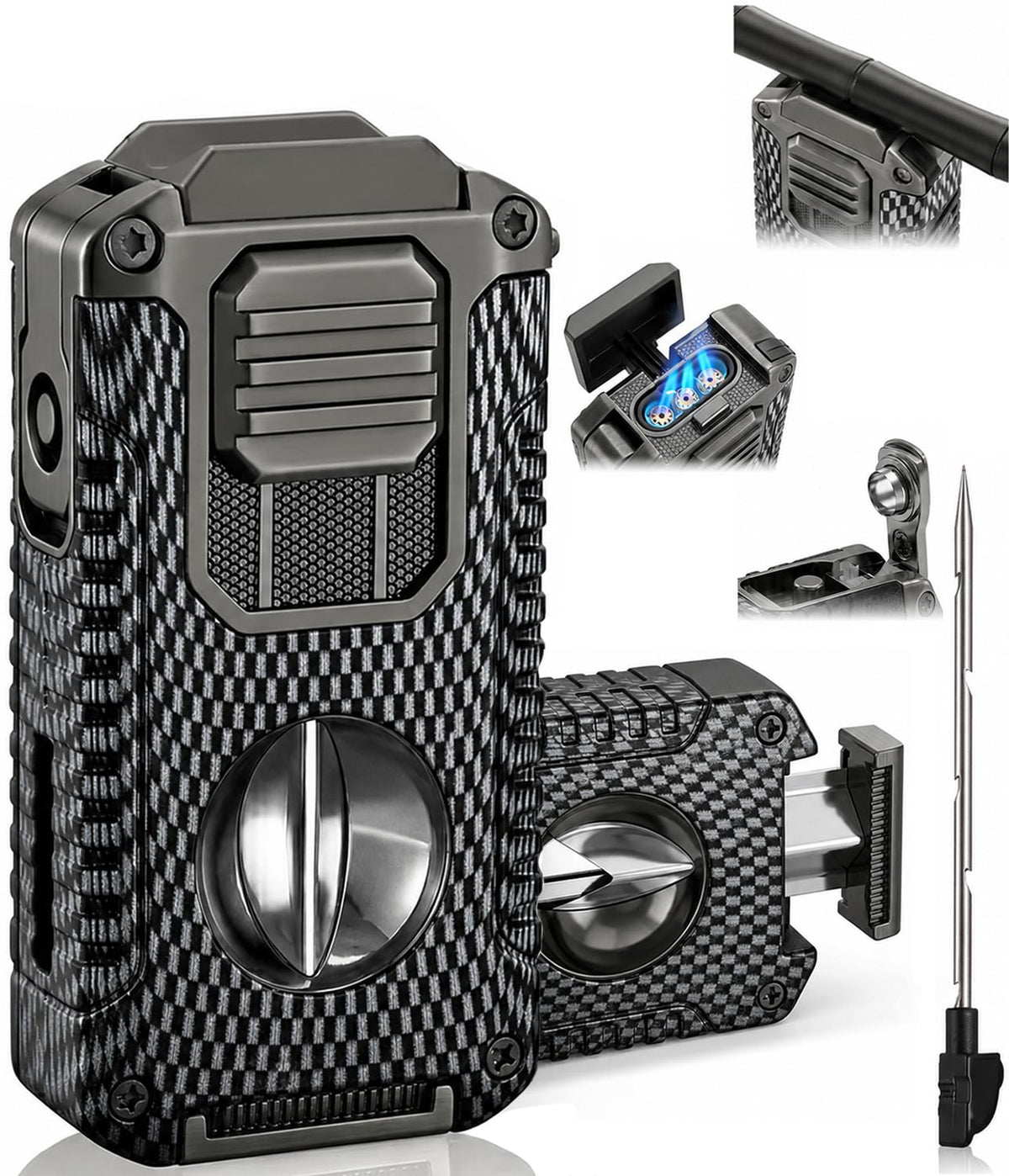 5-in-1 Butane Torch Lighter, with Built-in Punch, V Cutter, Draw Enhancer Needle & Holder, Visible Fuel Window, Windproof Triple Jet Flame Refillable Pocket Lighter for Travel Outdoor, Gifts for Men