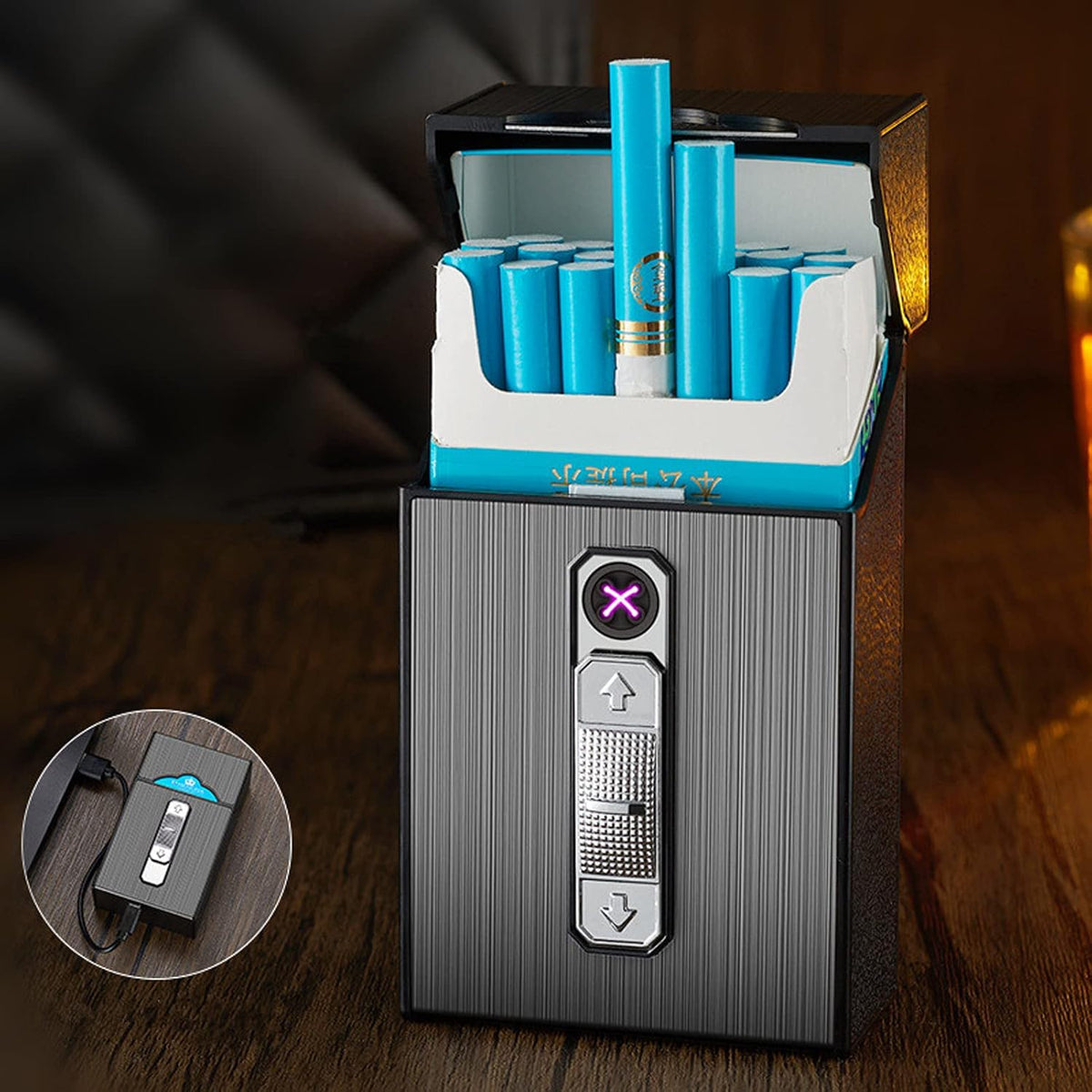 Cigarette Case with Dual Arc Lighter USB Rechargeable, Cigarettes Box Holder King Size Portable Pack Hold 20 Regular Size Cigarettes (Black)