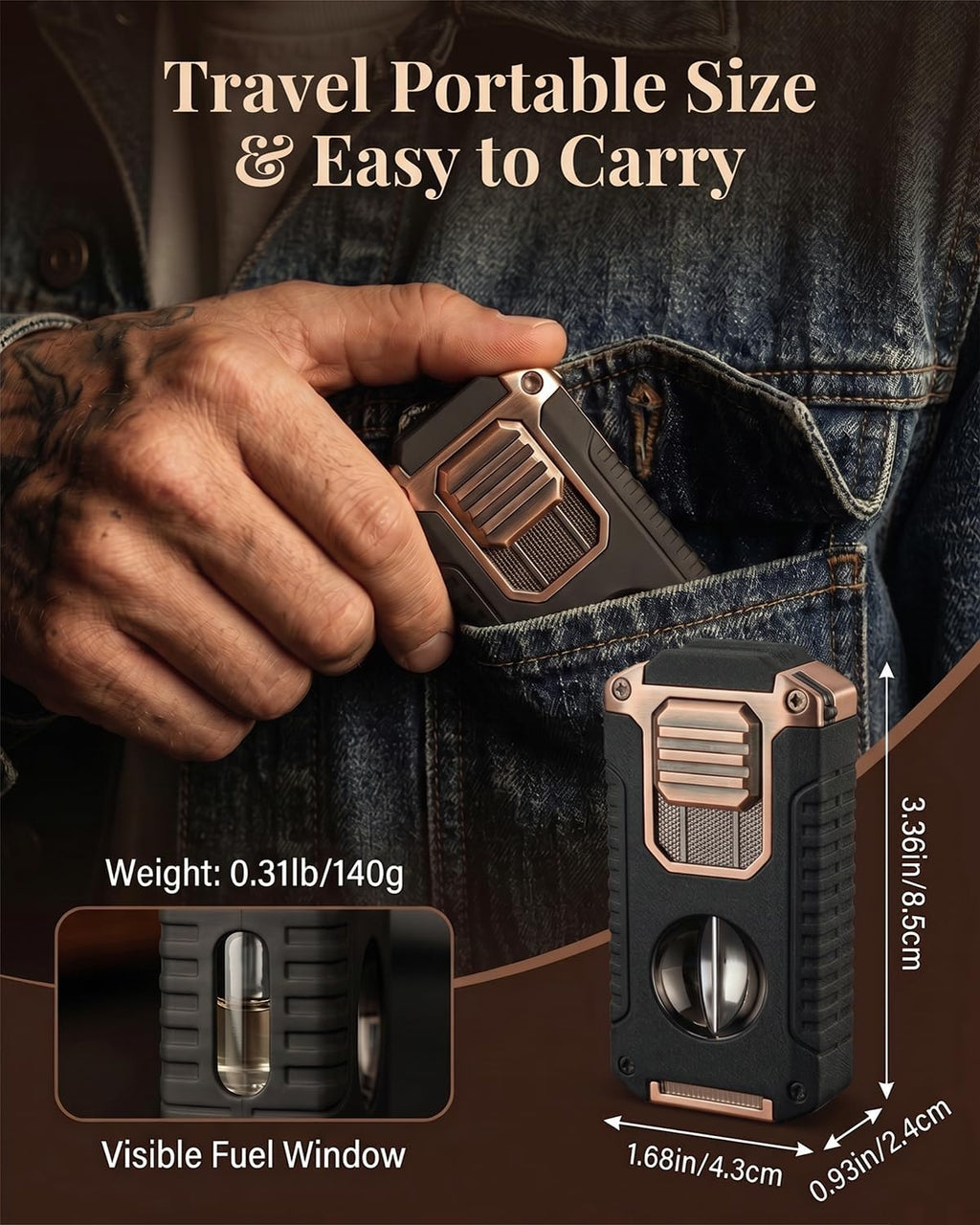 5-in-1 Butane Torch Lighter, with Built-in Punch, V Cutter, Draw Enhancer Needle & Holder, Visible Fuel Window, Windproof Triple Jet Flame Refillable Pocket Lighter for Travel Outdoor, Gifts for Men
