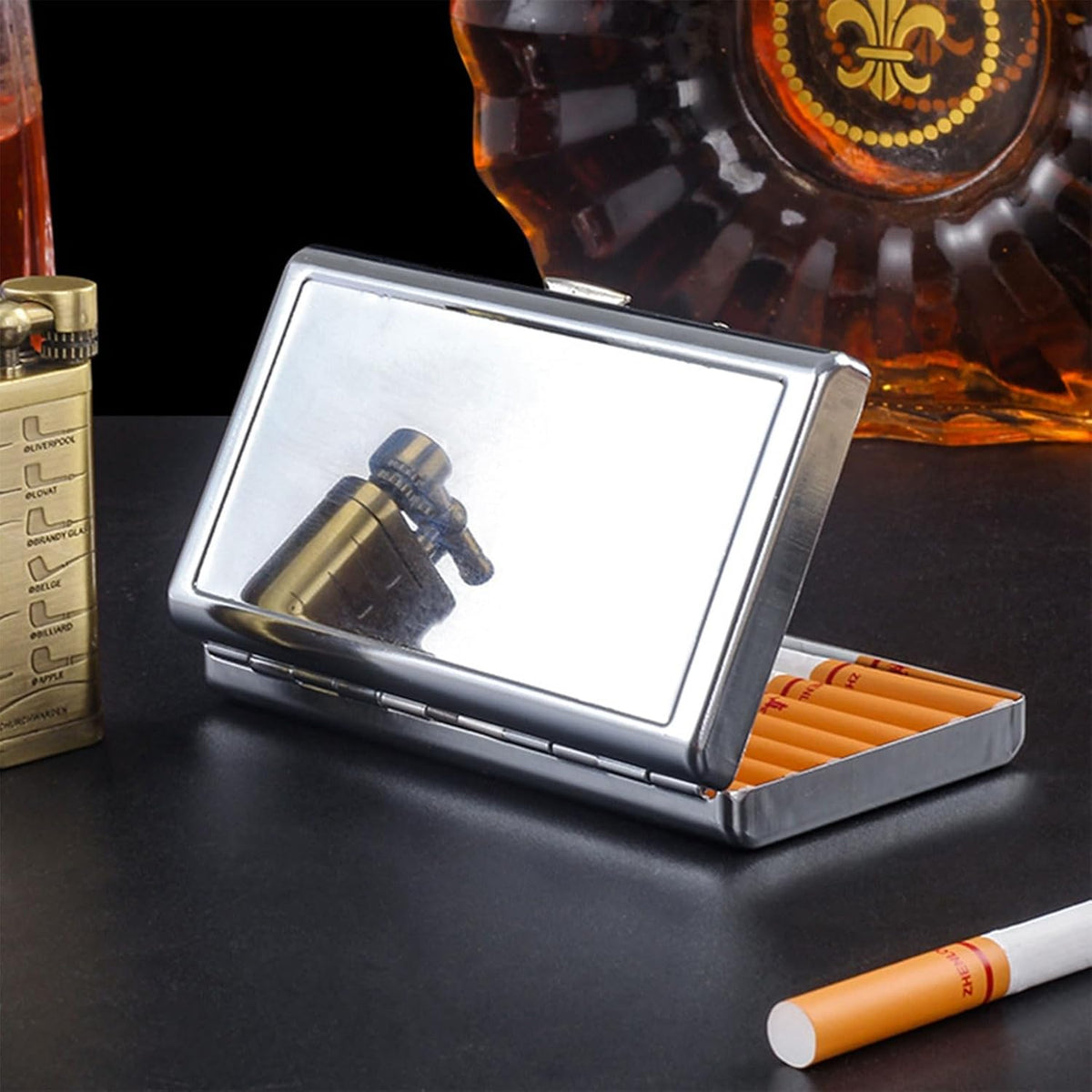 Cigarette Case Metal Holder for Regular King and 100's Size Can Hold 14 Cigarettes Double Sided Spring Clip Box Holds up to 80-100's Flip Open Pocket Bank Card case Cash Box(Silver， 100mm King Size)