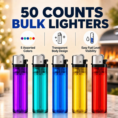 50 Pack Disposable Lighters, Assorted Color Transparent Body Lighters Bulk with Display Tray, Classic Pocket Size Lighter Set for Candles, BBQ, Camping, Kitchen, Emergency Kits (50)