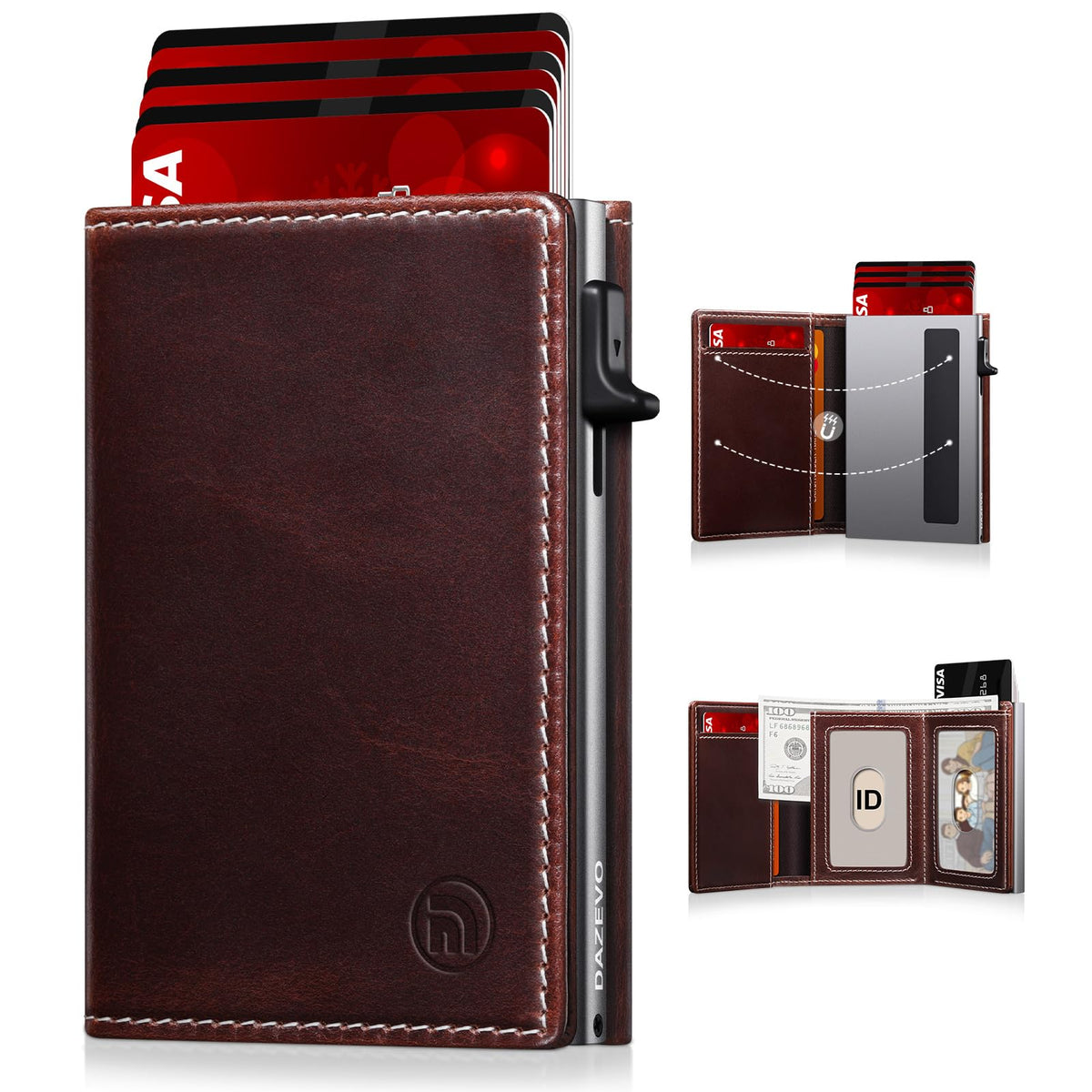 Minimalist Wallet for Men, RFID Blocking Pop Up Wallet with 2 ID Windows