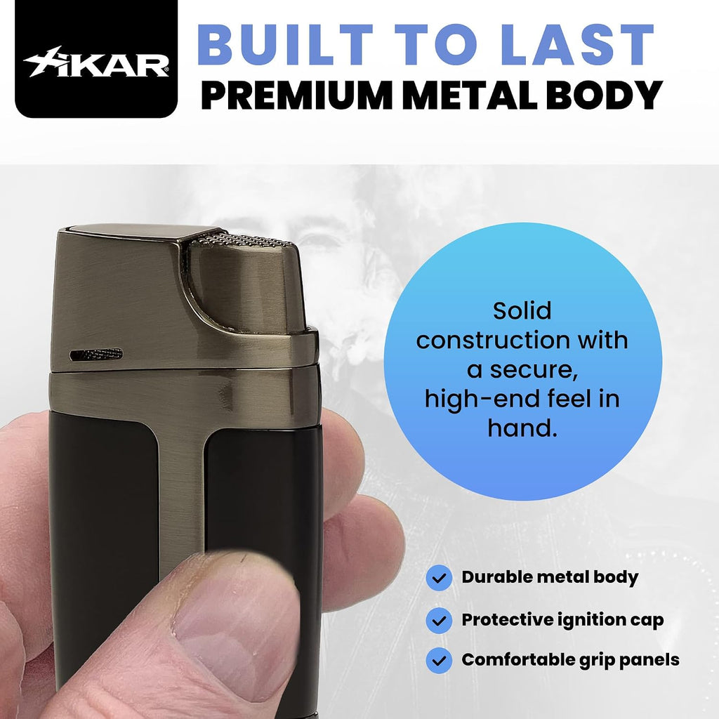 XIKAR ELX Double Jet Flame Butane Torch Lighter with 9mm Cigar Punch – Refillable Butane Lighter with Fuel Window – Wind-Resistant Adjustable Flame – Premium Cigar Accessory – Black with Gunmetal