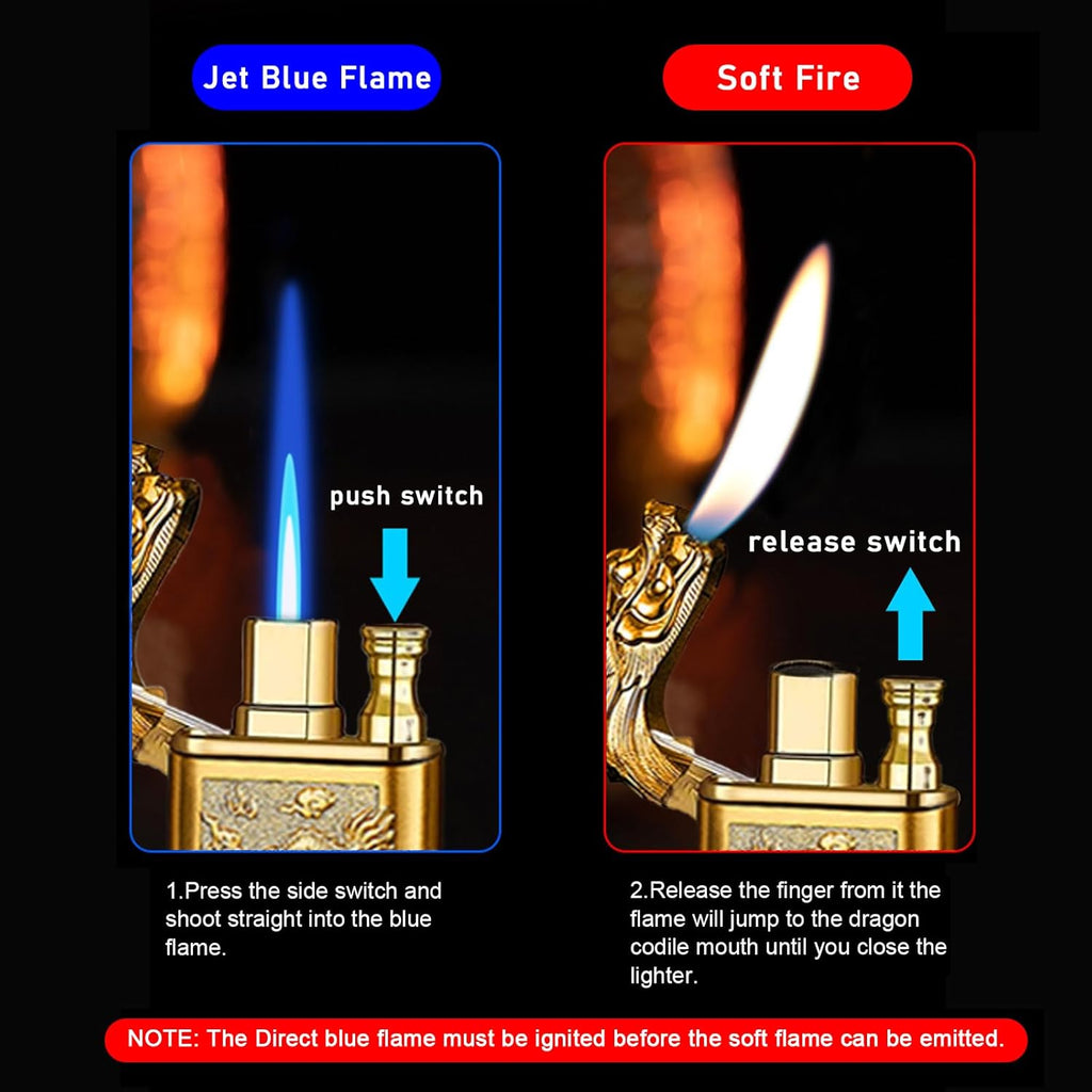 Torch Lighter, Relief Dragon Design Magic Dual Flame Lighter with Adjusting Flames Tool, Creative Windproof Lighters, Cool Jet Flame Butane Lighter-s, Refillable Butane Lighters for Outdoor Indoor