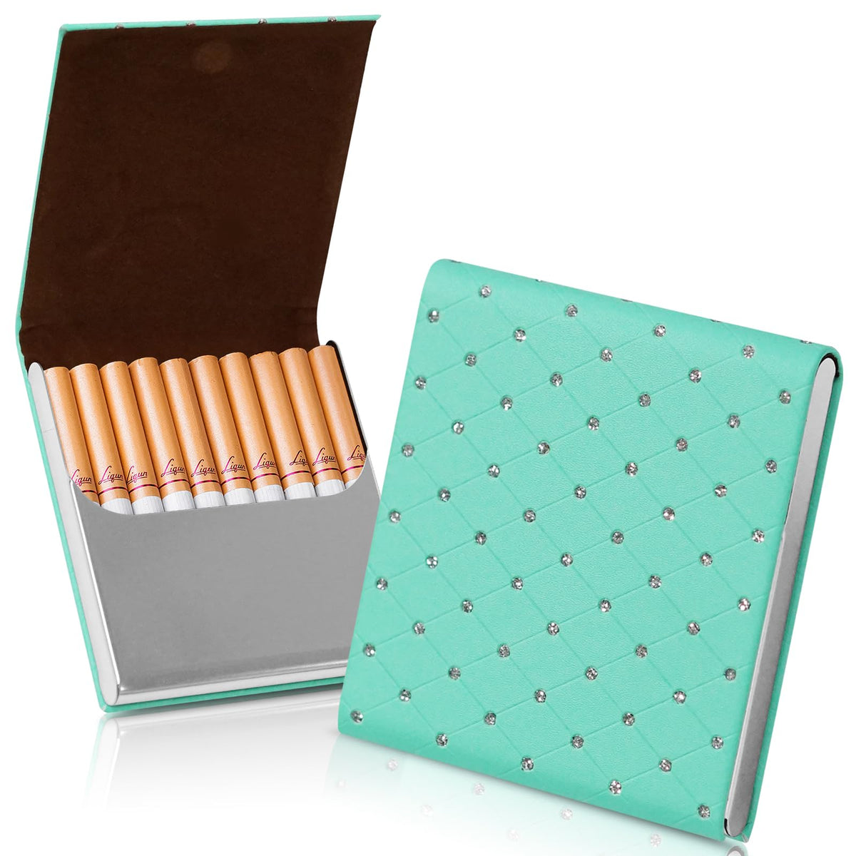 Portable Slim Leather Cigarette Case with Magnetic, Metal Cigarette Carrying Box for Hold 10 Regular Size Cigarettes, Ultra-Thin One-Hand Operate Cigarette Pocket for Men and Women -Navy Blue
