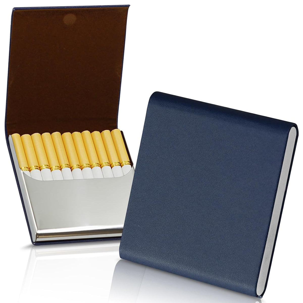 Portable Slim Leather Cigarette Case with Magnetic, Metal Cigarette Carrying Box for Hold 10 Regular Size Cigarettes, Ultra-Thin One-Hand Operate Cigarette Pocket for Men and Women -Navy Blue