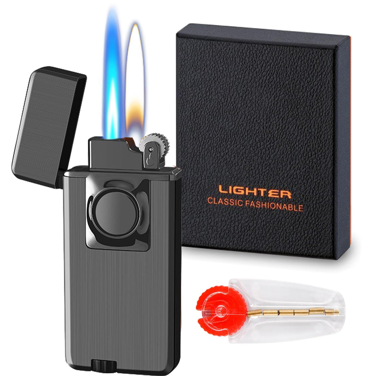 Torch Lighter, Dual Flame Lighter with 6pcs Flint Stone, Windproof Lighter With Visible Gas Window, Cool Adjustable Soft Flame and Jet Flame 2 in1,Refillable Butane Lighter for Outdoor Indoor-Gradient