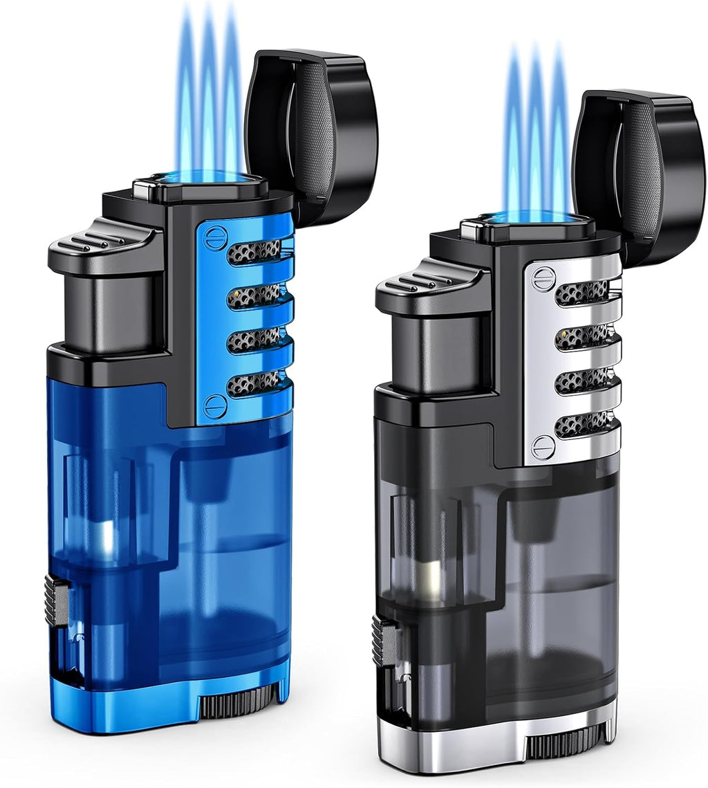 Torch Lighter Butane Refillable Triple Jet Flame Torch Lighters, Windproof Adjustable Flame Butane Torch Lighter with Punch 2 Pack (Without Fuel) (Blue)