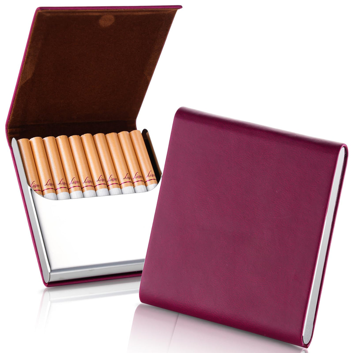 Portable Slim Leather Cigarette Case with Magnetic, Metal Cigarette Carrying Box for Hold 10 Regular Size Cigarettes, Ultra-Thin One-Hand Operate Cigarette Pocket for Men and Women -Navy Blue