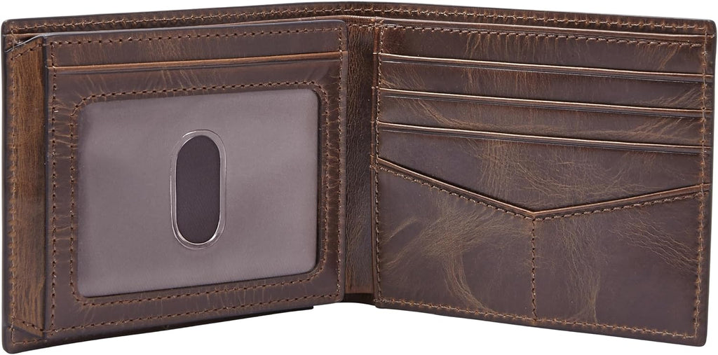 Fossil Men's Wallet, Derrick Leather RFID-Blocking Wallet, Bifold with Flip ID, Dark Brown