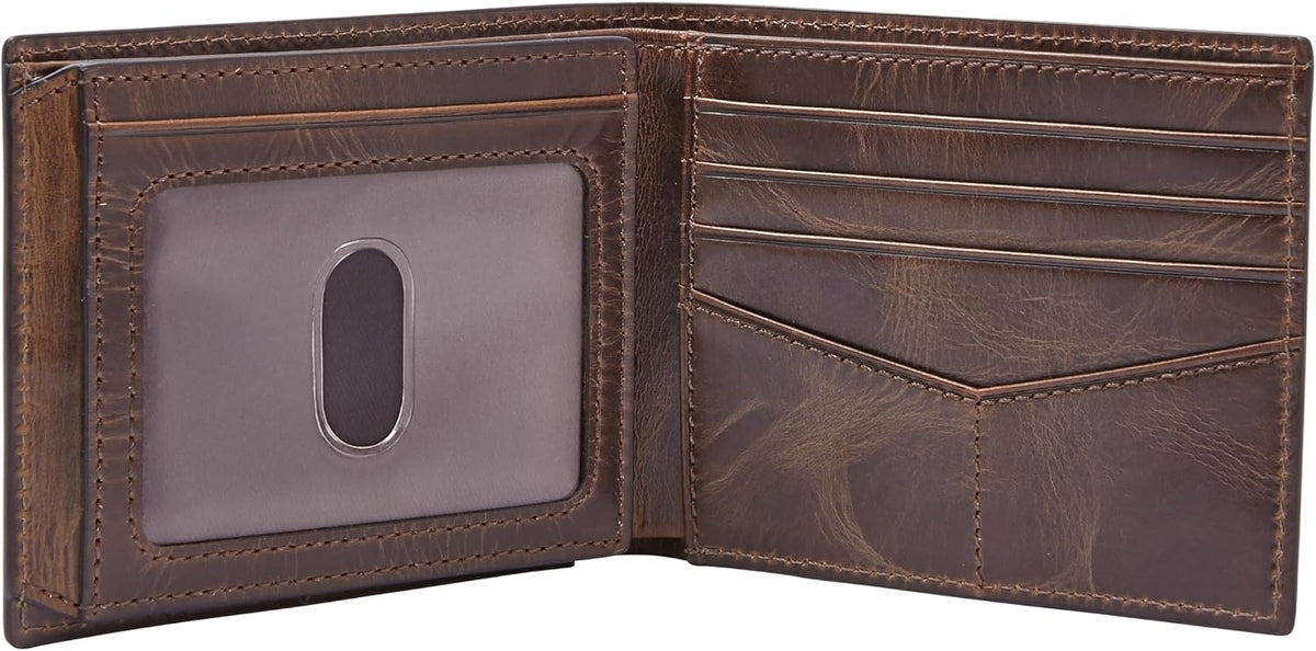 Fossil Men's Wallet, Derrick Leather RFID-Blocking Wallet, Bifold with Flip ID, Dark Brown