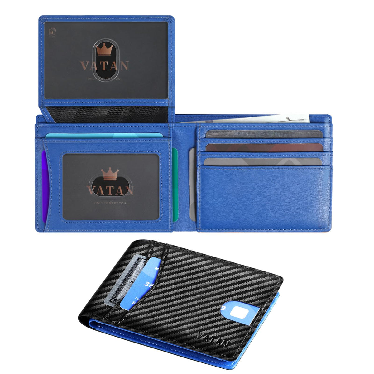 VATAN Wallet for Men Slim RFID Blocking Leather Credit Card Holder Wallet for 15 Cards, Bifold Minimalist Thin Wallet with 2 ID Windows & Cash Slot, With Gift Box (Carbon Fiber Black)