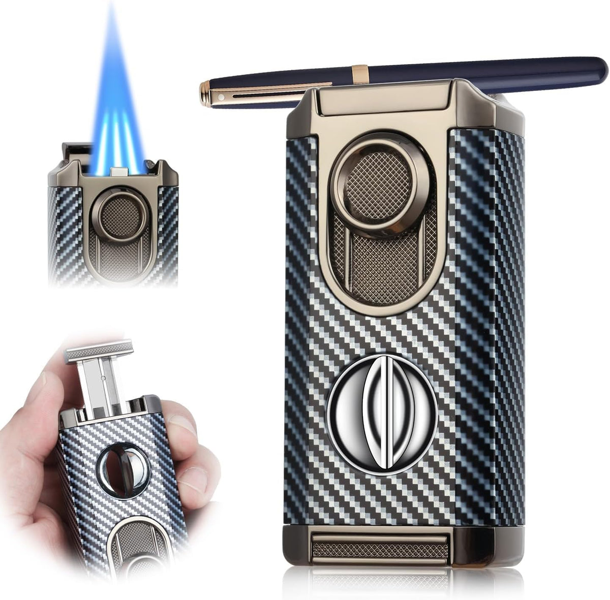 Triple Jet Torch Lighter with Cutter and Holder, Mahogany
