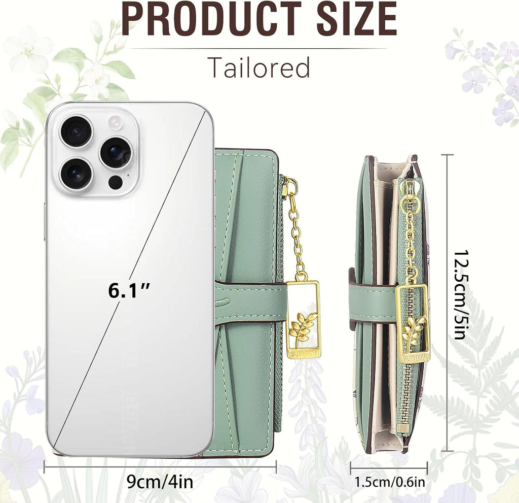 Wallets for Women- RFID Blocking- Soft PU Leather Bifold Coin Zipper Pocket Purse-Small flower wallet Credit Card Holder with ID Window (Green)