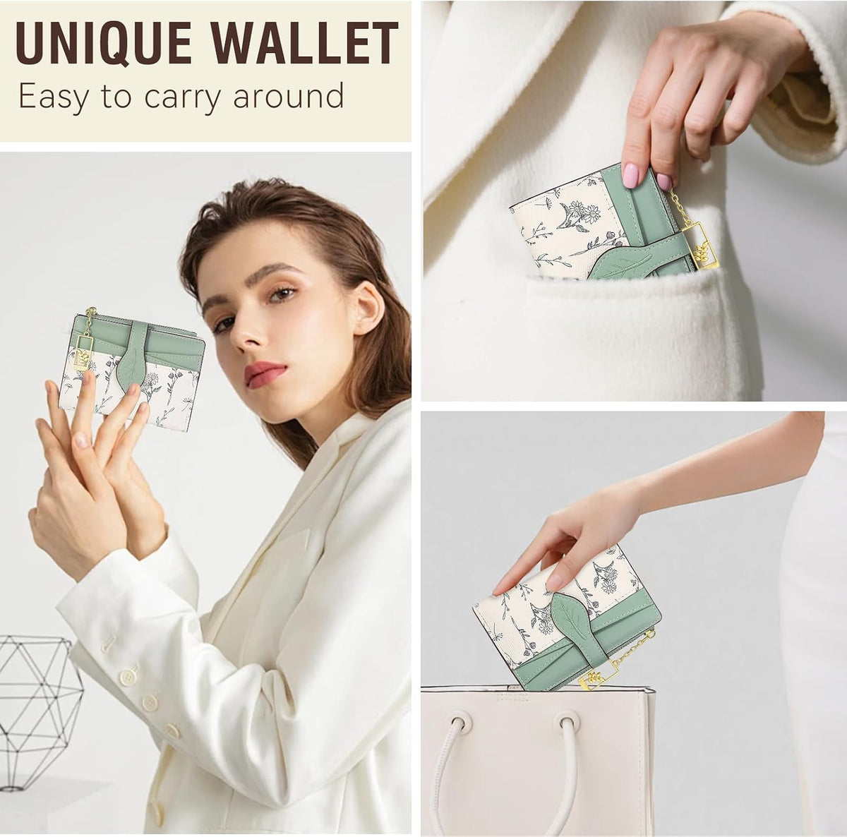 Wallets for Women- RFID Blocking- Soft PU Leather Bifold Coin Zipper Pocket Purse-Small flower wallet Credit Card Holder with ID Window (Green)