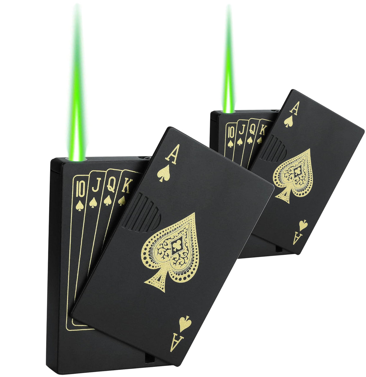 Jet Torch Lighter, 2 Pack, Green+Red Flame Ace Card Lighter, Cool Lighter Windproof Poker Design, Refillable Butane, for Outdoor, Indoor, Camping, BBQ, Candle, Birthday, Gift (Without Gas)