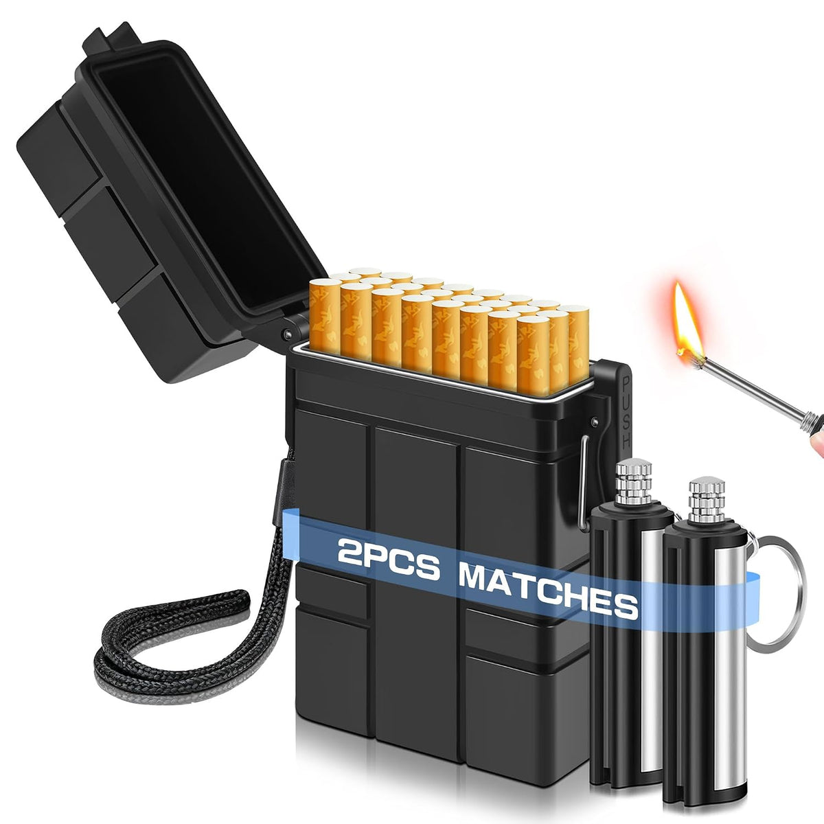 X-LIGHTER Waterproof Cigarette Case 100s King Size, with 2pcs Permanent Match Lighter, Multi-Function EDC Cigarettes Holder Cases for Outdoor, Camping, Fishing