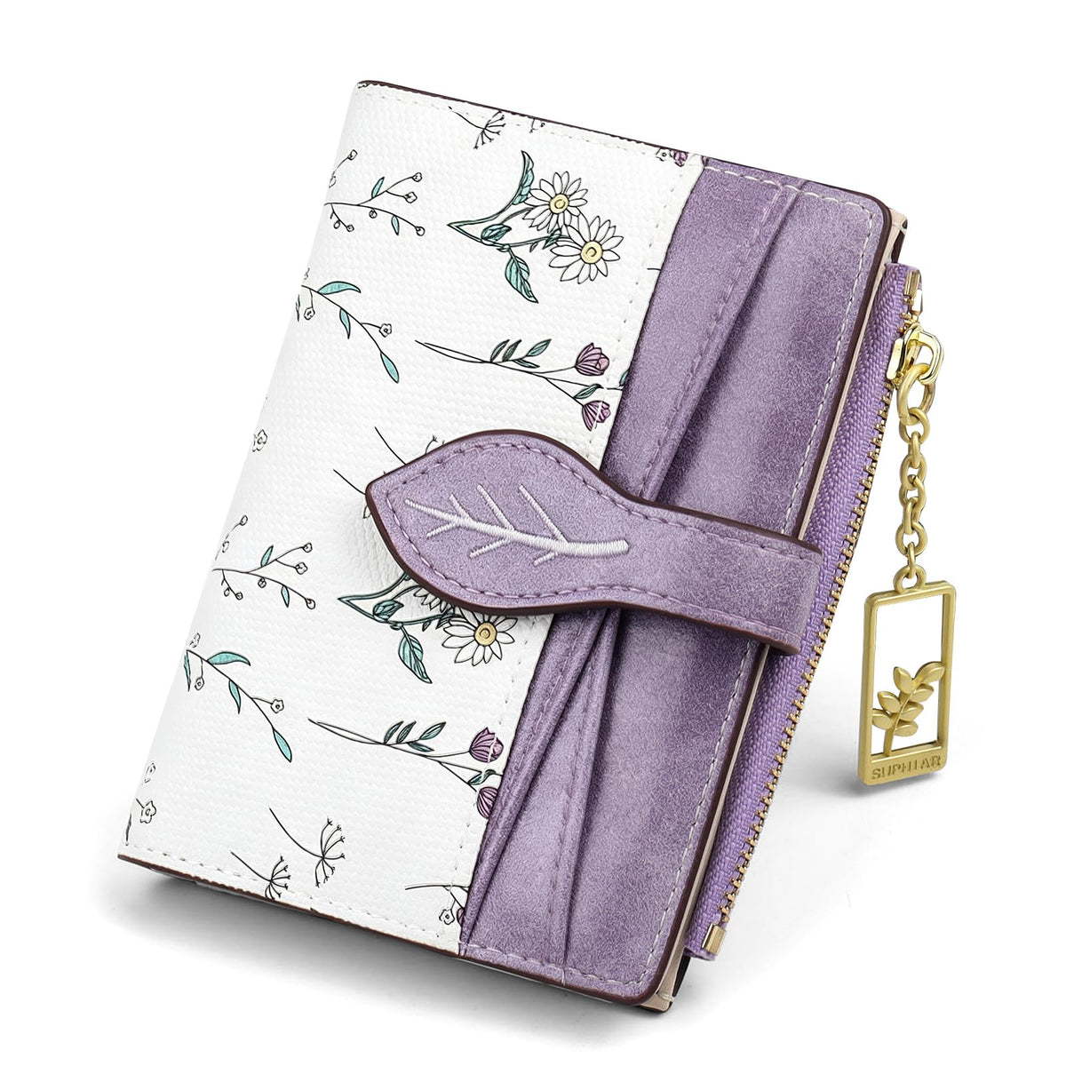 Wallets for Women- RFID Blocking- Soft PU Leather Bifold Coin Zipper Pocket Purse-Small flower wallet Credit Card Holder with ID Window (Green)