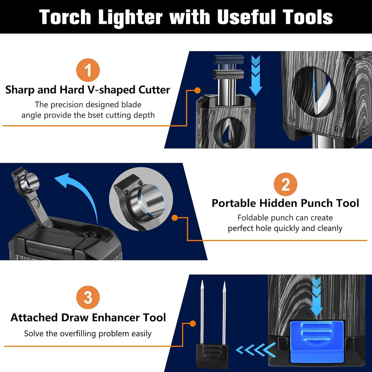 5-in-1 Torch Lighter with V Cutter Holder Punch and Draw Enhancer Tool,Four Windproof Jet Flame Multi-Functional Lighter,Refillable Butane Lighter with Gift Box for Men Black,Without Butane