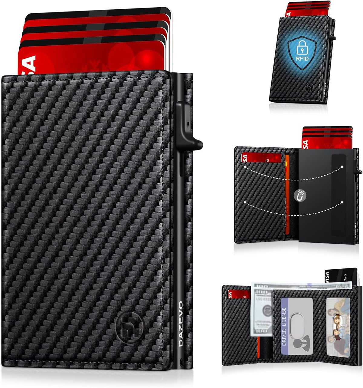 Minimalist Wallet for Men, RFID Blocking Pop Up Wallet with 2 ID Windows