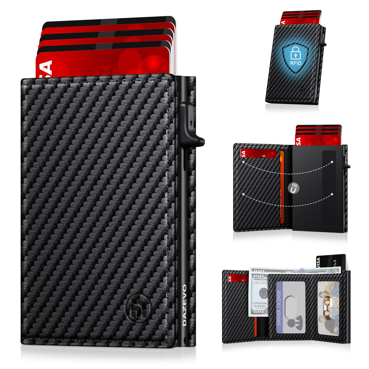 Minimalist Wallet for Men, RFID Blocking Pop Up Wallet with 2 ID Windows