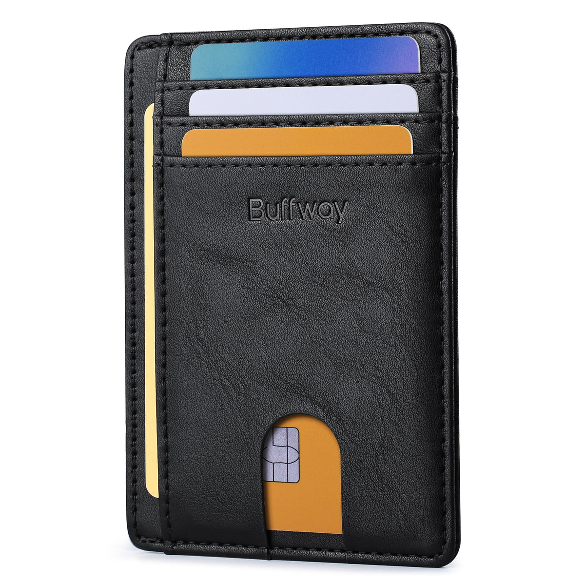 Buffway Slim Minimalist Front Pocket RFID Blocking Leather Wallets for Men and Women - Carbon Fiber Black