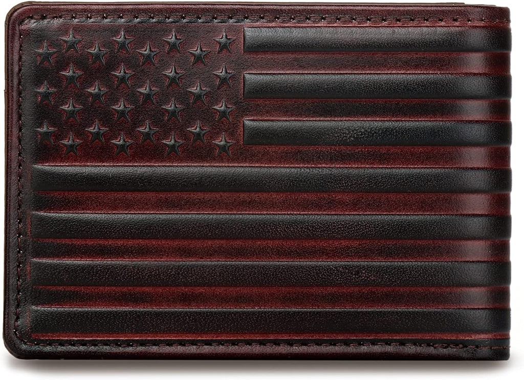 Pefiam Full Grain Leather Wallets for Men, Bifold Wallets for Men, Mens Leather Wallets with 12 Slots, RFID Blocking, Gifts for Men (USA Flag, Red)