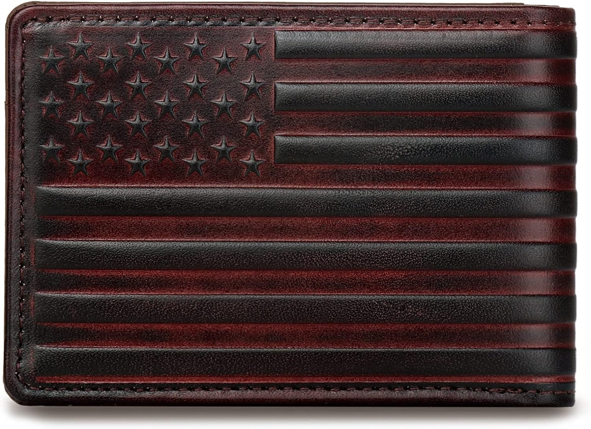 Pefiam Full Grain Leather Wallets for Men, Bifold Wallets for Men, Mens Leather Wallets with 12 Slots, RFID Blocking, Gifts for Men (USA Flag, Red)