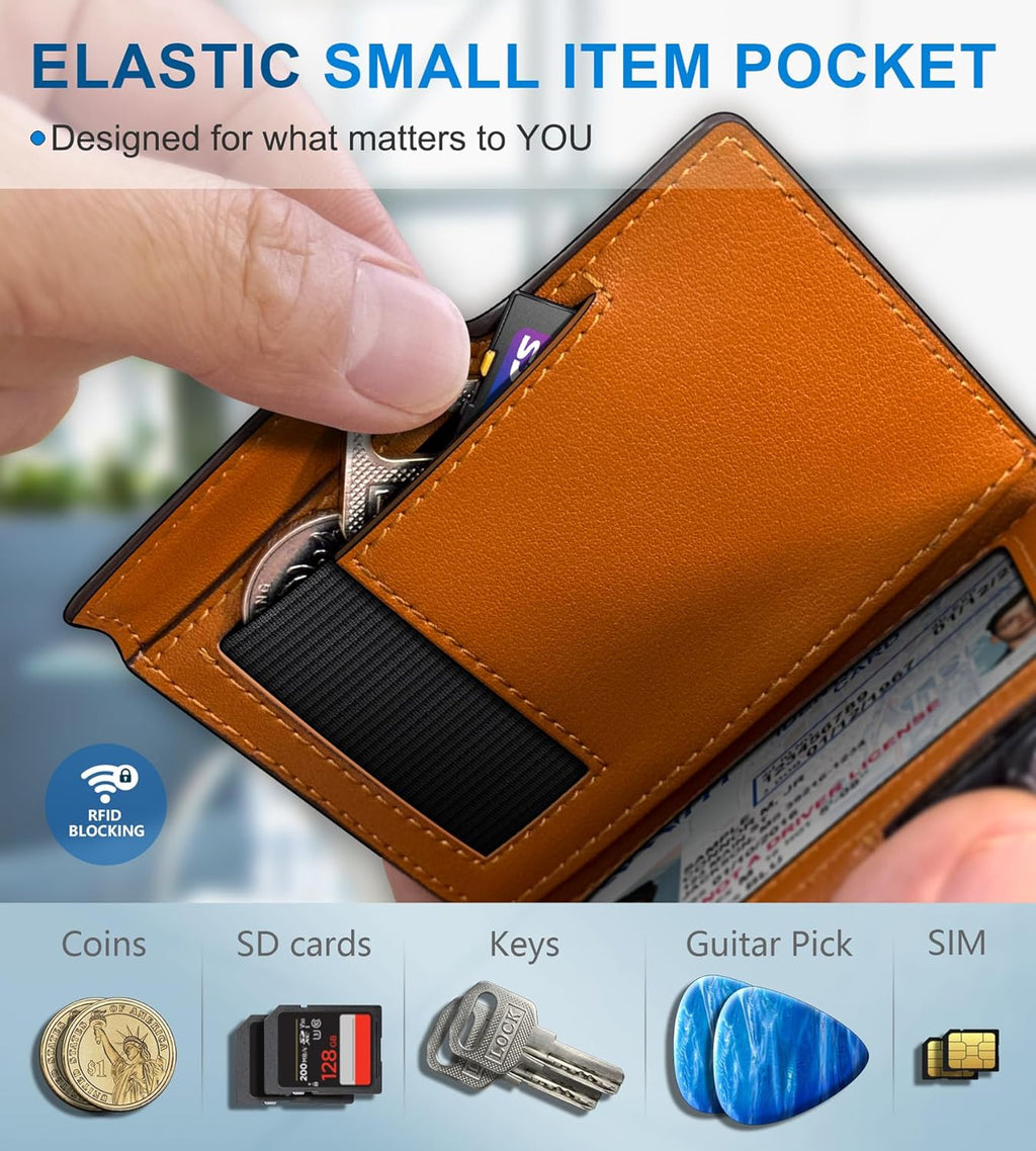 miyozi Wallet for Men, Magnetic Minimalist Slim Wallet with Pop Up Card Holder, 9 Cards RFID Blocking Metal Credit Card Case, Leather Wrapped Money Clip, ID Window & Small Item Slot, Gift Boxed