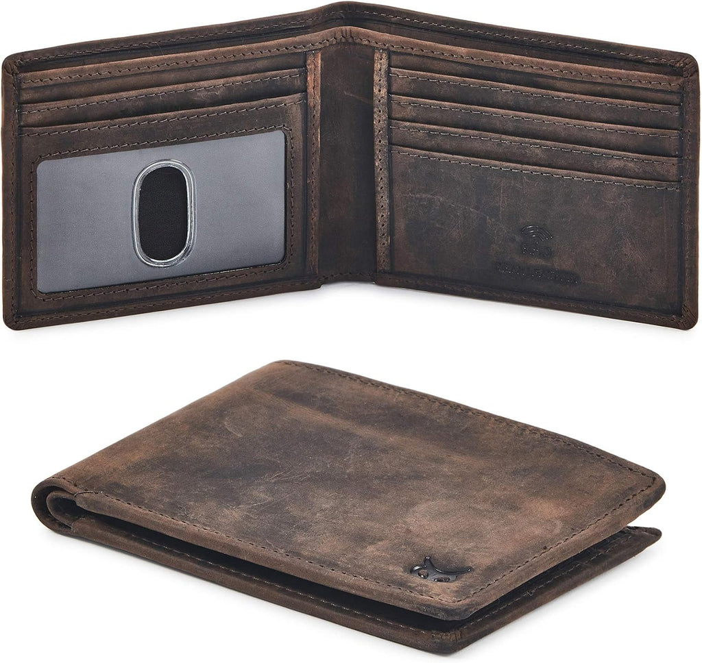 Real Leather Mens Bifold Wallet RFID Blocking Slim Minimalist Front Pocket - Thin & Stylish with ID Window in Gift Box (Crazy Horse, Cognac).