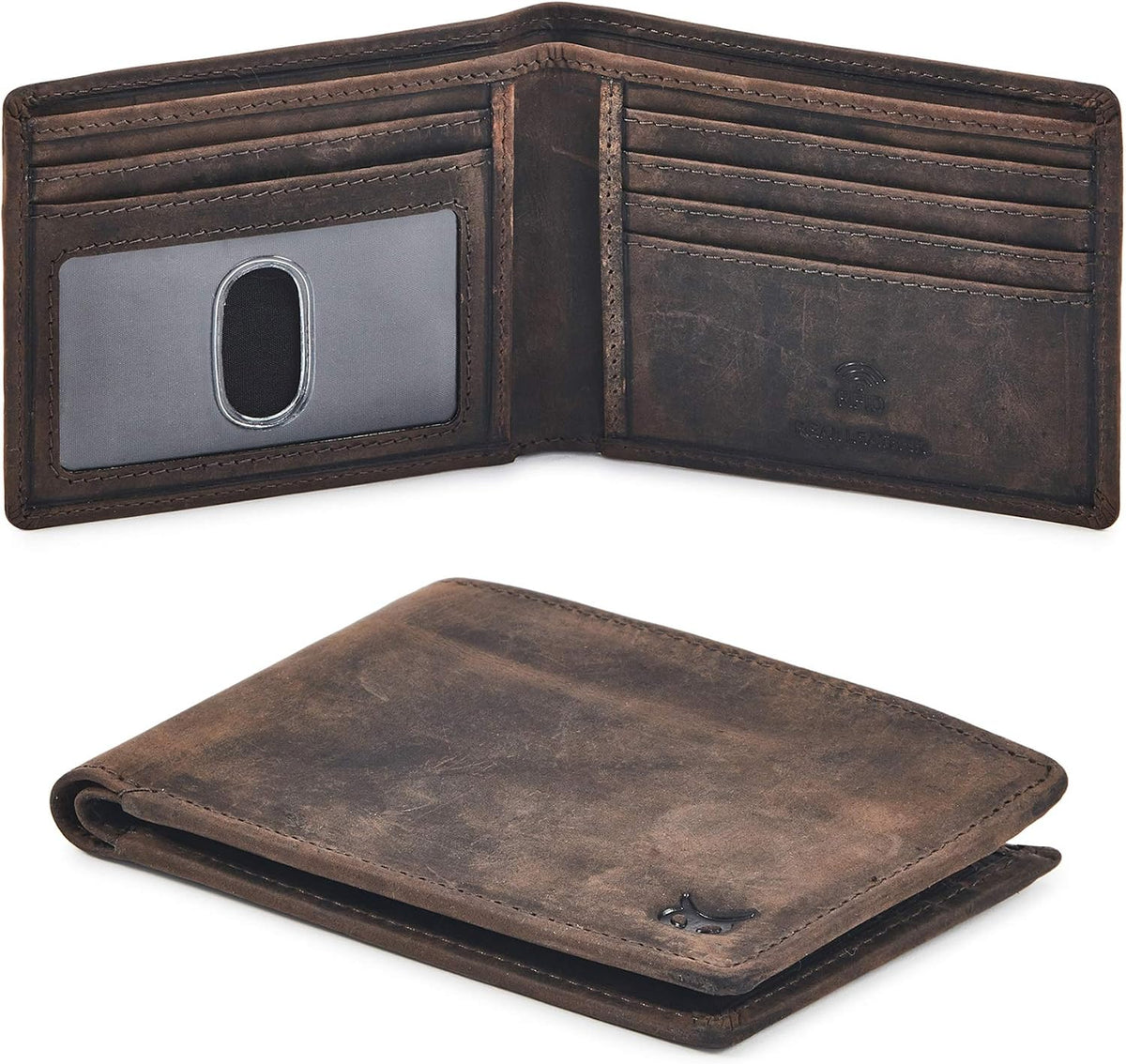 Real Leather Mens Bifold Wallet RFID Blocking Slim Minimalist Front Pocket - Thin & Stylish with ID Window in Gift Box (Crazy Horse, Cognac).