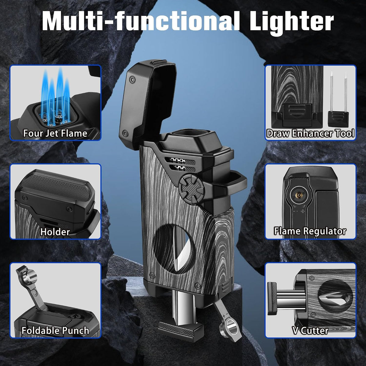 5-in-1 Torch Lighter with V Cutter Holder Punch and Draw Enhancer Tool,Four Windproof Jet Flame Multi-Functional Lighter,Refillable Butane Lighter with Gift Box for Men Black,Without Butane