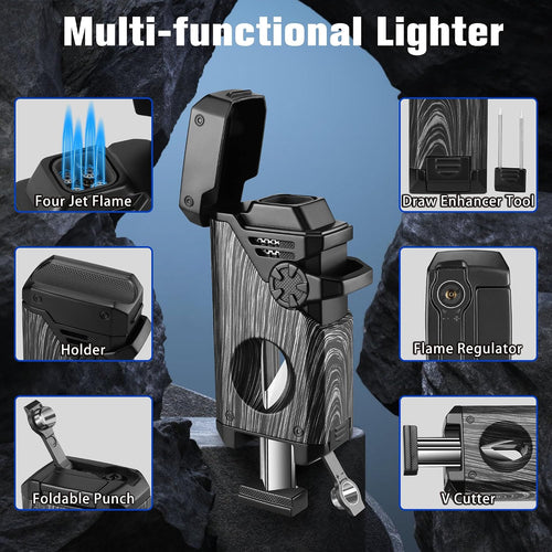 5-in-1 Torch Lighter with V Cutter Holder Punch and Draw Enhancer Tool,Four Windproof Jet Flame Multi-Functional Lighter,Refillable Butane Lighter with Gift Box for Men Black,Without Butane