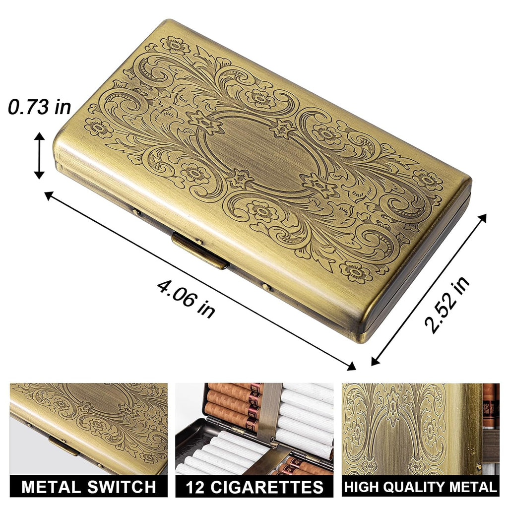 Vintage Metal Cigarette case with J6 Lighter, Holds 12pcs 100s Cigarettes, Can Also Be Used for RFID Credit Card and Cash Organizer (Bronze, 12pcs 100's)