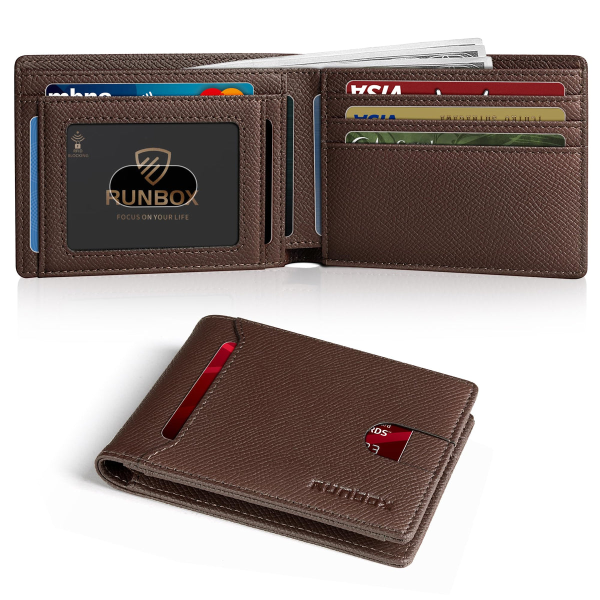 RUNBOX Wallet for Men, Slim Leather Bifold, RFID Blocking Card Holder