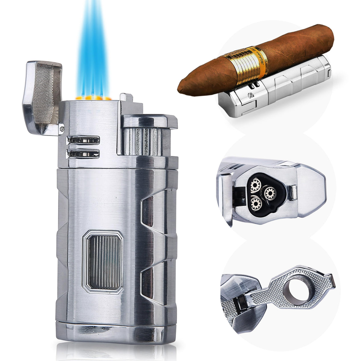 Metal Lighter Triple Jet Flame Refillable Butane Cigar Lighters Windproof Lighter with Cigar Punch Rest Holder - Butane Not Included (Red Copper)