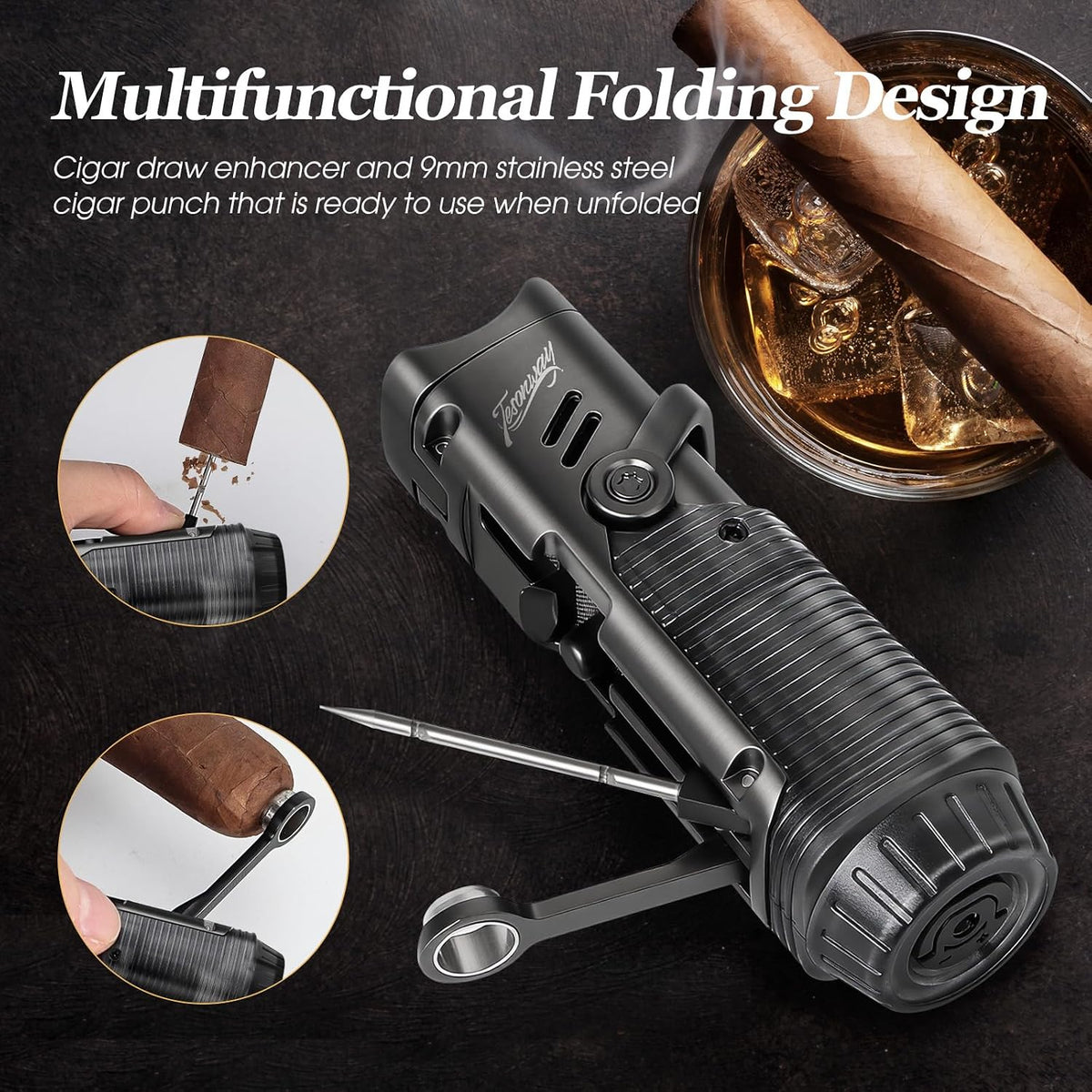 Tesonway Cigar Lighter, Windproof Refillable Butane Torch Lighter, Multifunction Cigar Accessories Butane Lighter with Cigar Holder, Cigar Draw Enhancer and Cigar Punch, Butane Not Included