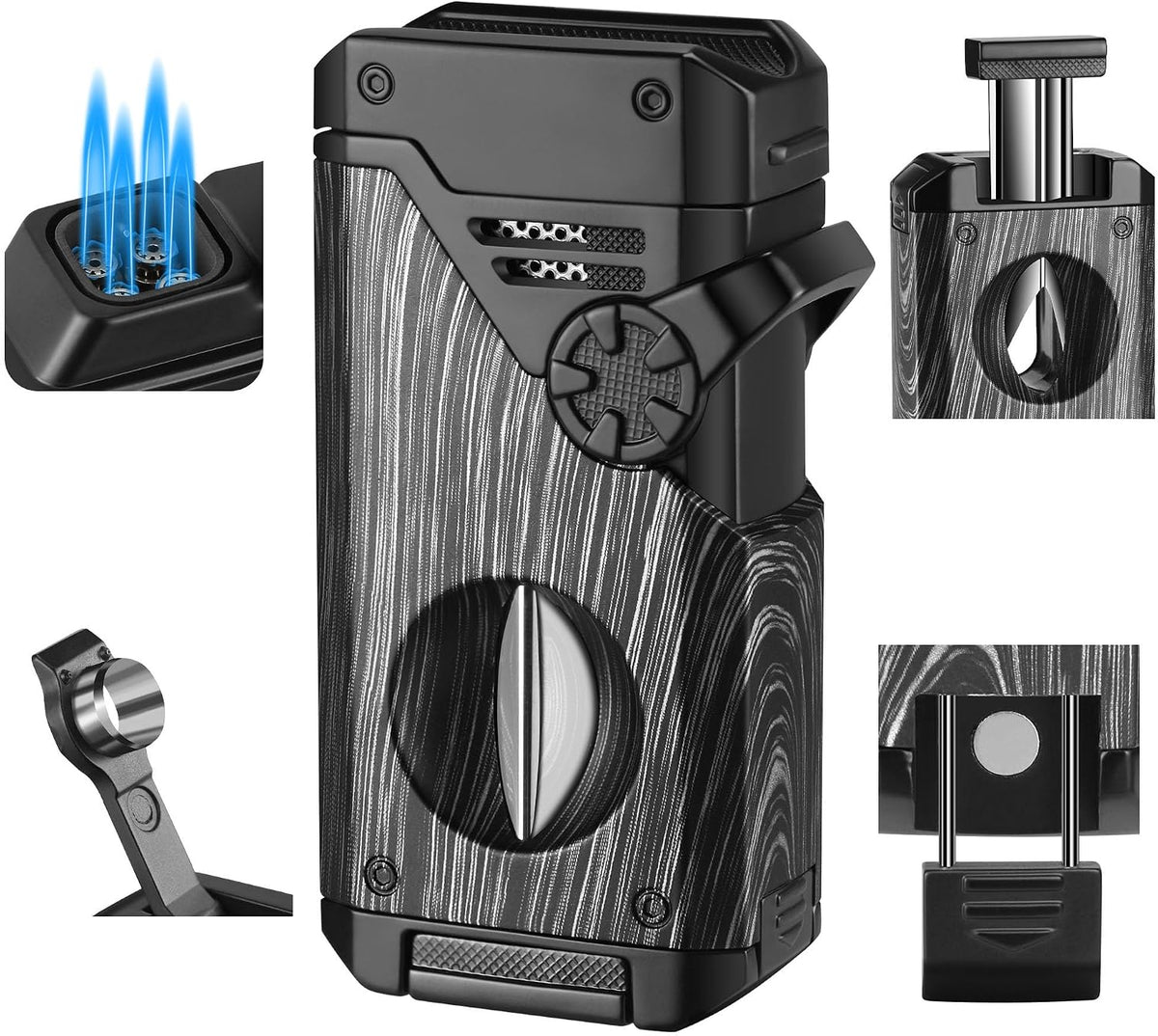 5-in-1 Torch Lighter with V Cutter Holder Punch and Draw Enhancer Tool,Four Windproof Jet Flame Multi-Functional Lighter,Refillable Butane Lighter with Gift Box for Men Black,Without Butane
