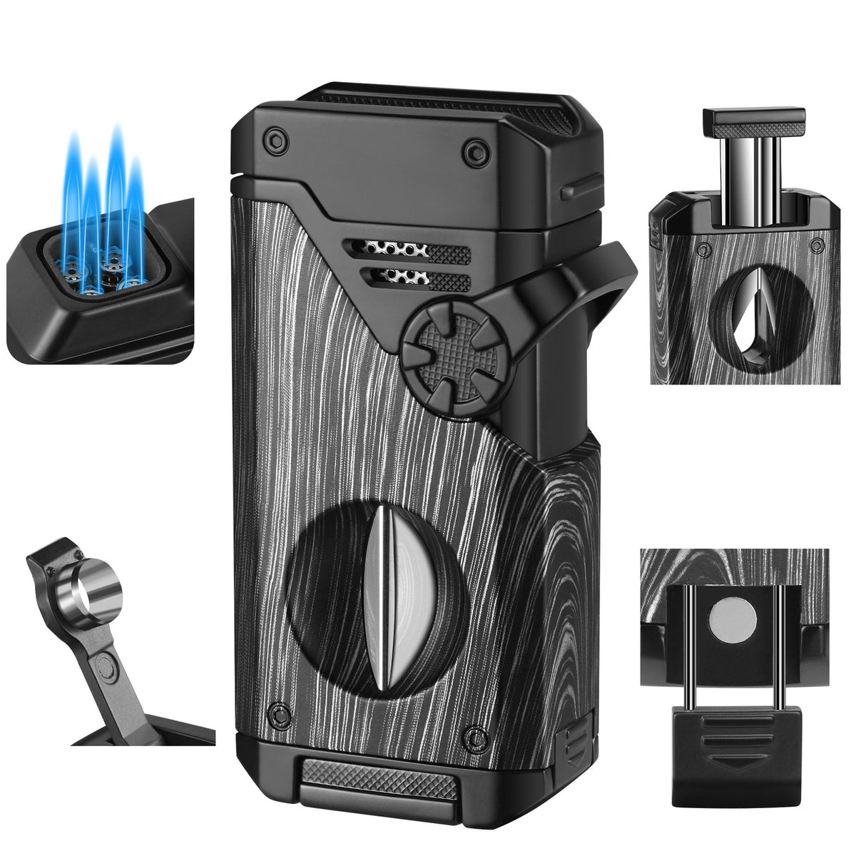 5-in-1 Torch Lighter with V Cutter Holder Punch and Draw Enhancer Tool,Four Windproof Jet Flame Multi-Functional Lighter,Refillable Butane Lighter with Gift Box for Men Black,Without Butane