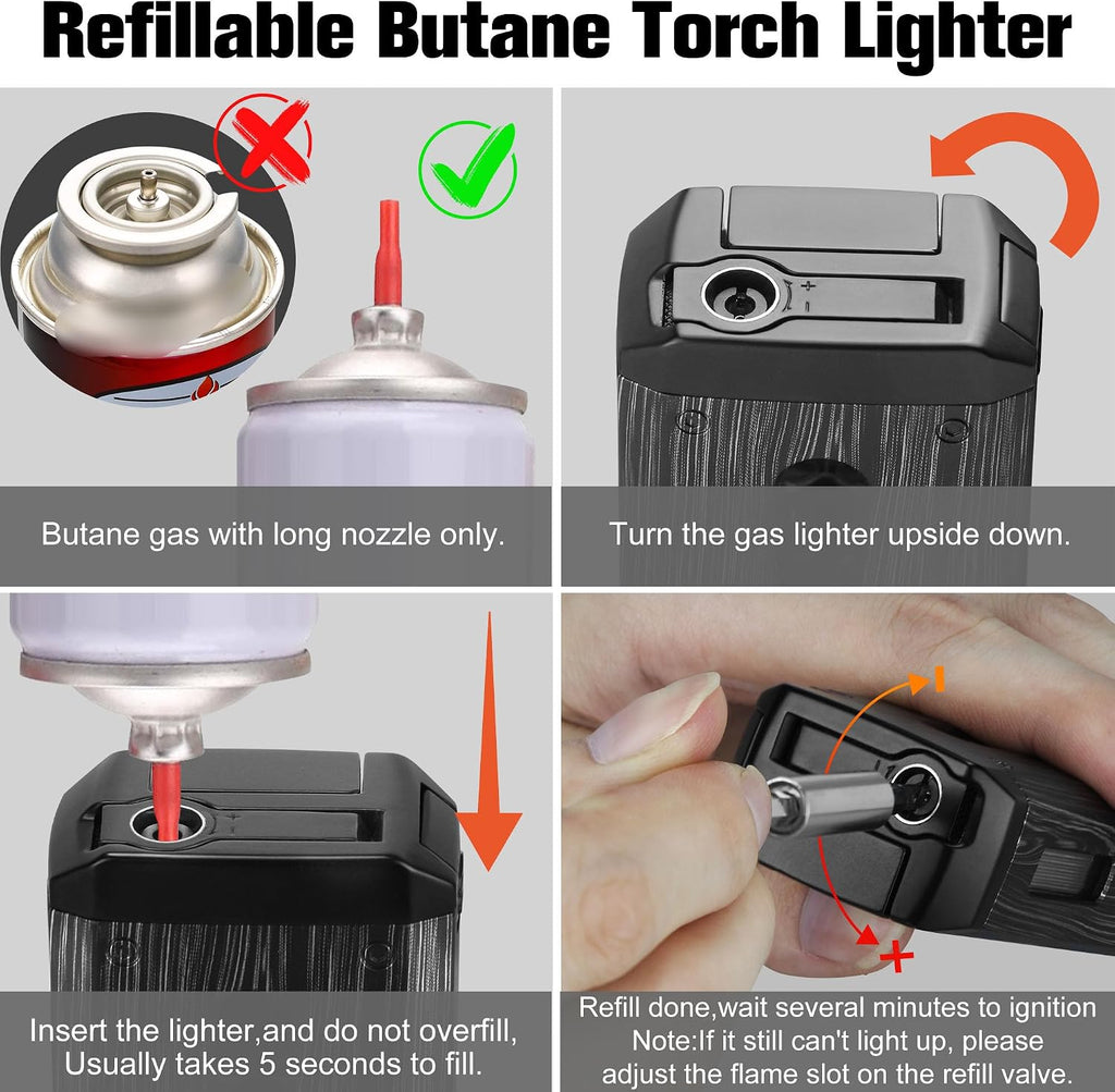 5-in-1 Torch Lighter with V Cutter Holder Punch and Draw Enhancer Tool,Four Windproof Jet Flame Multi-Functional Lighter,Refillable Butane Lighter with Gift Box for Men Black,Without Butane