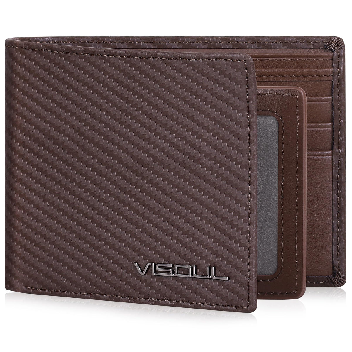 VISOUL Mens Wallet Bifold RFID Protected with 2 ID Windows 8 Credit Card Slots 2 Cash Compartments, Carbon Fiber Leather Wallet for Men Gift Box (Black+Burgundy)