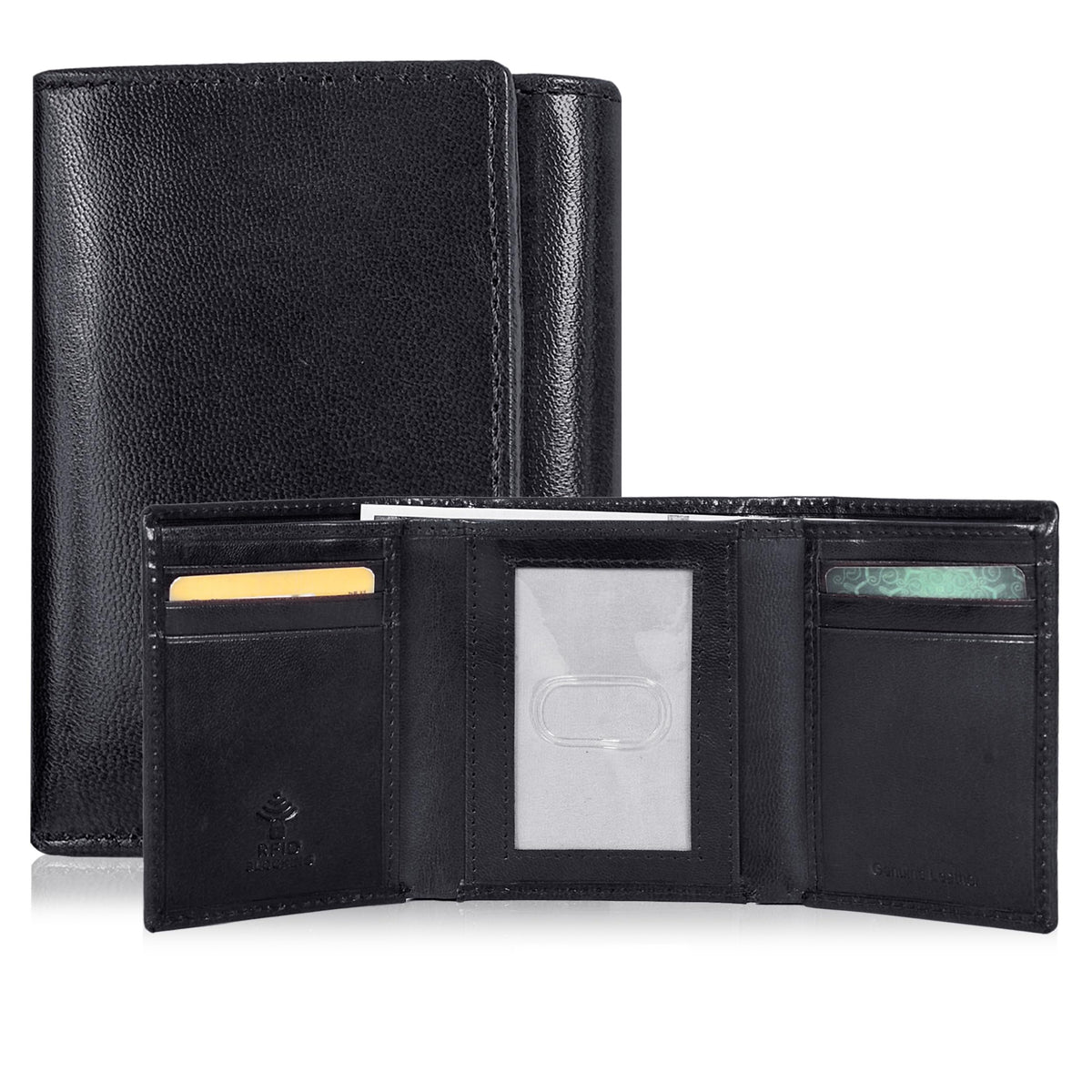 Real Leather Mens Trifold Wallet - RFID Slim Minimalist Front Pocket Gift