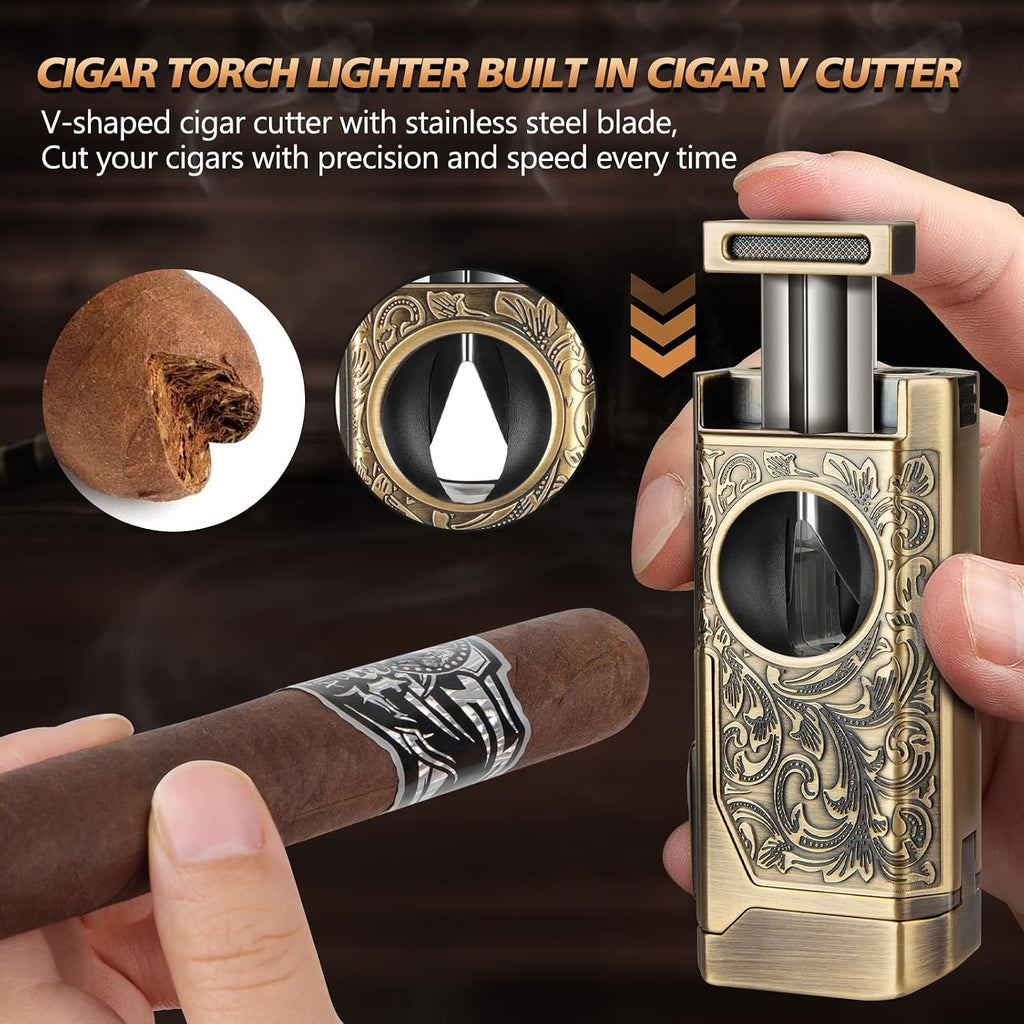 Cigar Lighter, 4 Jet Flame Torch Lighter, Refillable Butane Lighter with Cigar Cutter V Cut Cigar Punch Cigar Holder Cigar Draw Enhancer, Great Cigar Accessories Cool Lighters for Smoking in Gift Box