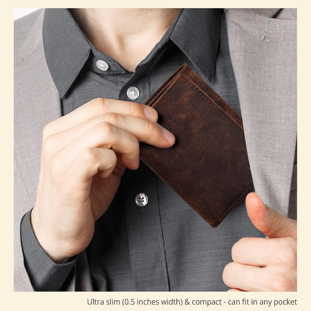 Real Leather Mens Trifold Wallet - RFID Slim Minimalist Front Pocket Gift
