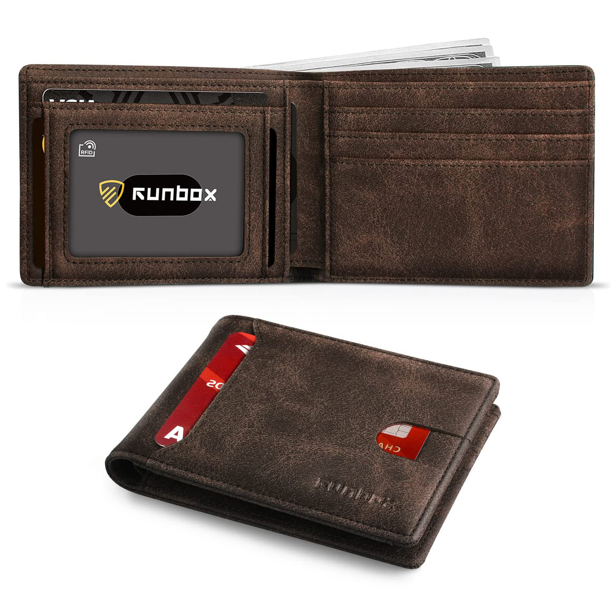 RUNBOX Wallet for Men, Slim Leather Bifold, RFID Blocking Card Holder