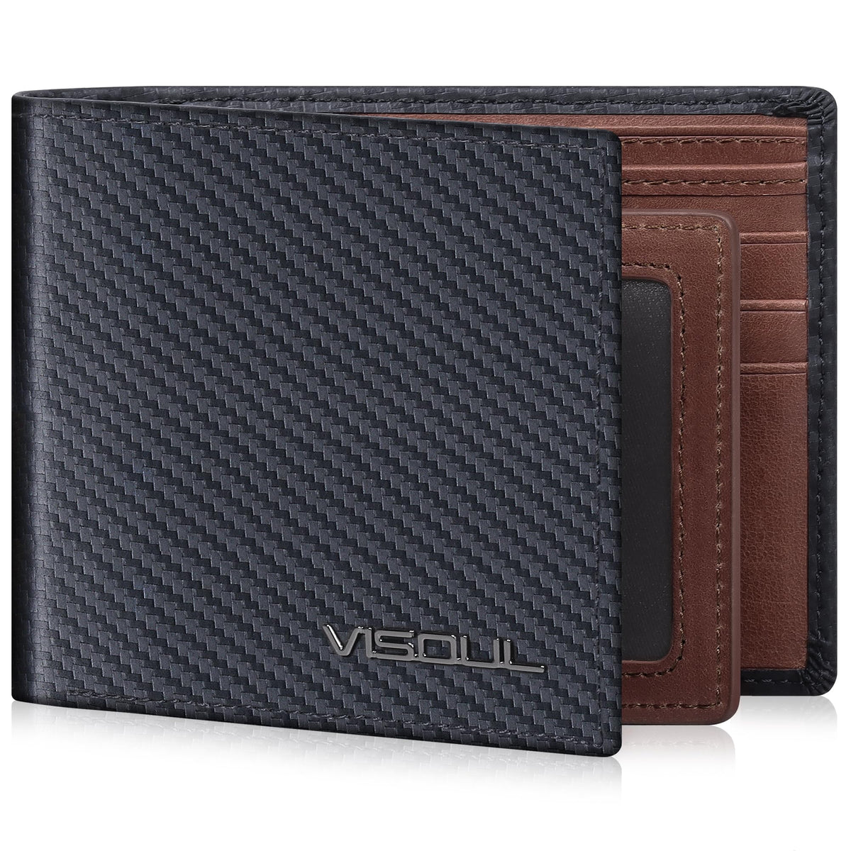VISOUL Mens Wallet Bifold RFID Protected with 2 ID Windows 8 Credit Card Slots 2 Cash Compartments, Carbon Fiber Leather Wallet for Men Gift Box (Black+Burgundy)