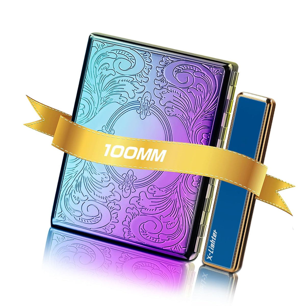 X-LIGHTER XL016 Vintage Cigarette Case with Lighter for 100's King Size, Retro Flower Metal 100mm Cigarette Holder Case for Men Women Thanksgiving Christmas Day Gift