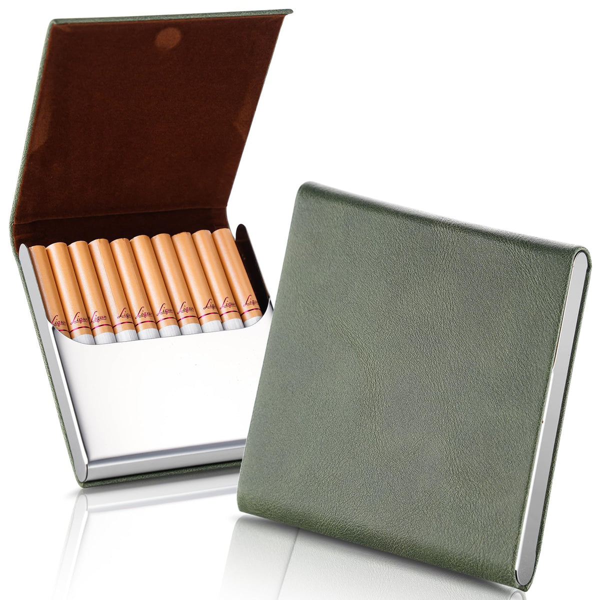 Portable Slim Leather Cigarette Case with Magnetic, Metal Cigarette Carrying Box for Hold 10 Regular Size Cigarettes, Ultra-Thin One-Hand Operate Cigarette Pocket for Men and Women -Navy Blue